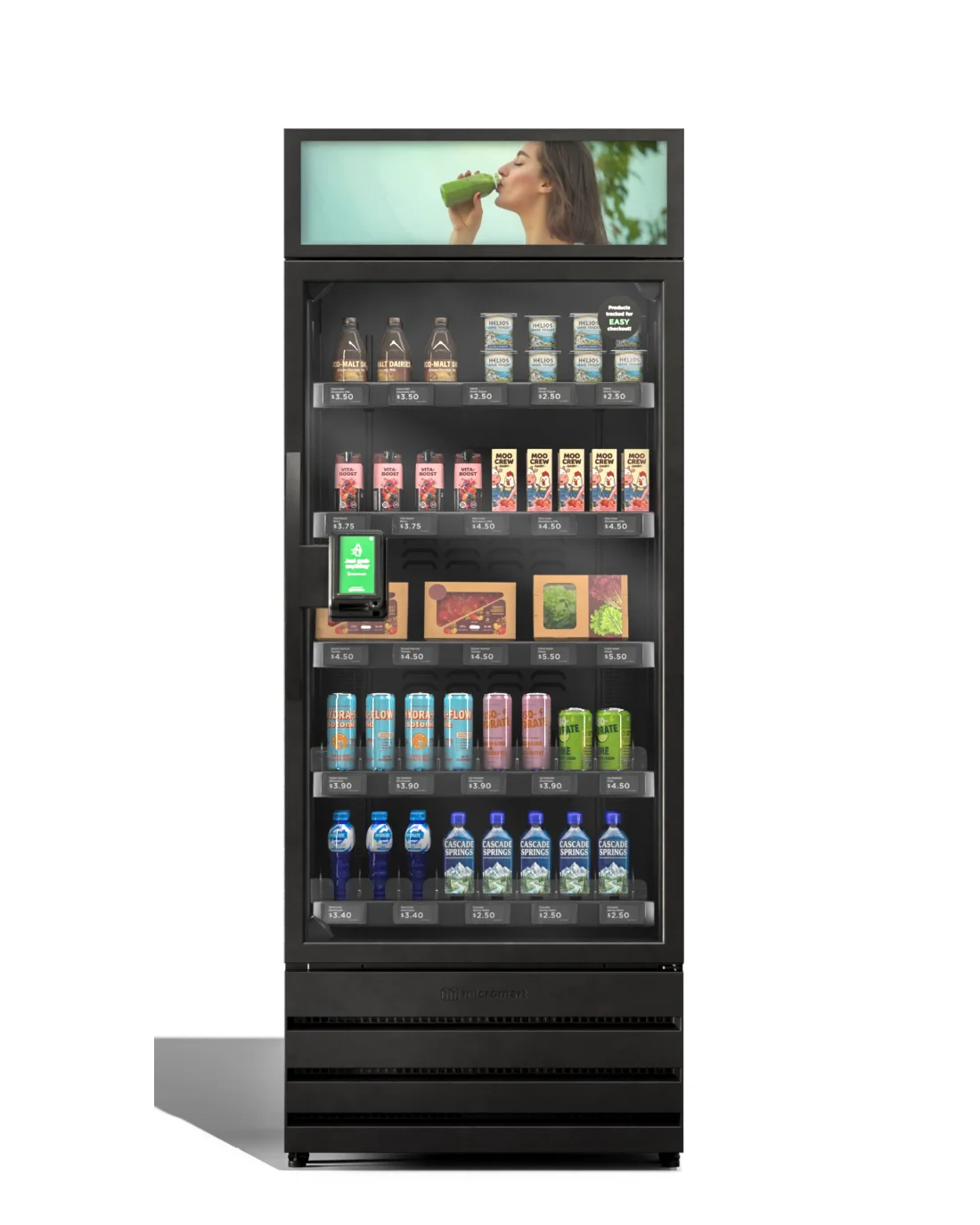 Front view of a glass-door smart vending machine stocked with drinks, with a digital display mounted above the cabinet
